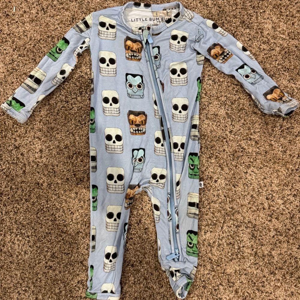 Little Bum Bums Bamboo Zipper Romper – “Monster Skulls” Print (3–6 Months)